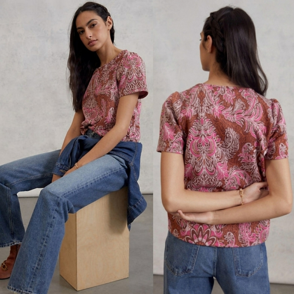 NWT Anthropologie Demeter Paisley Floral Metallic Top Pink and Red Size XS